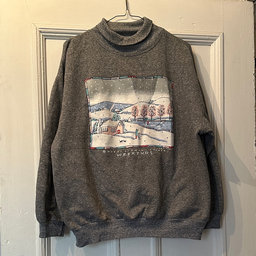 Gray Turtleneck Sweater with Winter Scene
